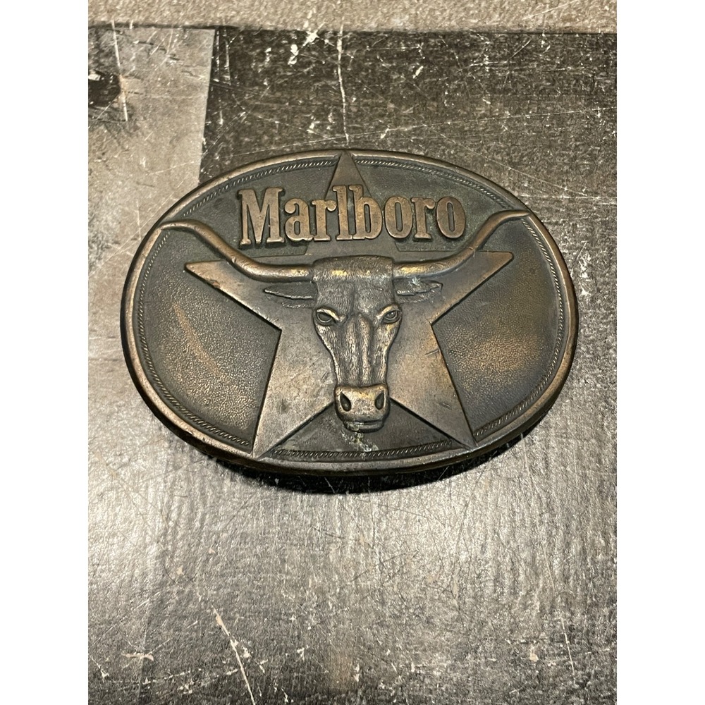 Vintage 1987 Marlboro Solid Brass Belt Buckle Longhorn Steer Star Philip Morris